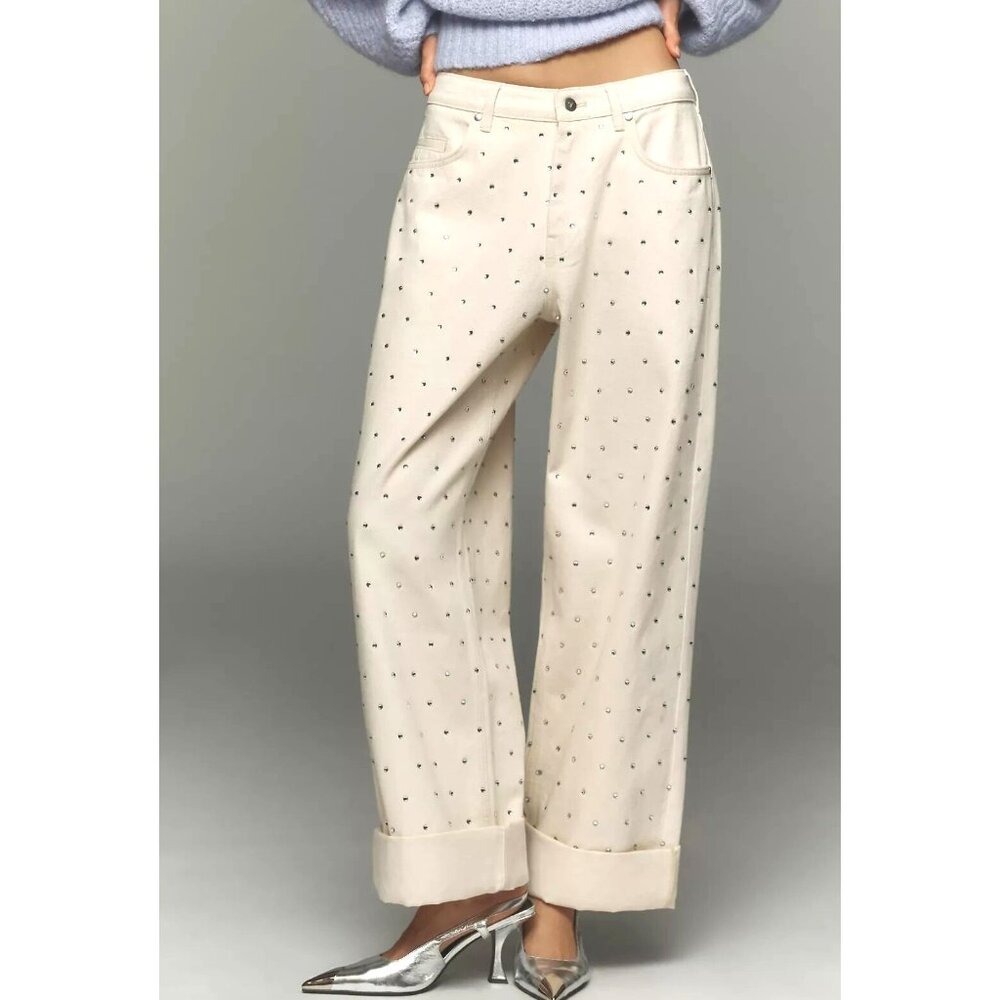 Anthropologie Pilcro Cream Wide-Leg Polka Dot Jeans  NWT